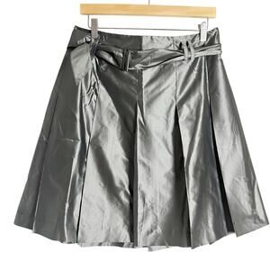 Kenneth Cole Silk Silver Gray Satin Belted Pleated A-Line Mini Skirt Size 12